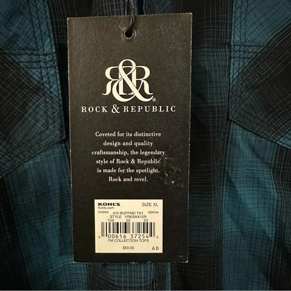 Rock & Republic Blue & Black Plaid “Western Style” Snap Down Shirt Size XL NWT - Picture 6 of 10